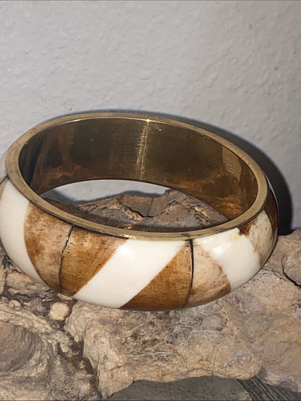 Vintage Bone Wood Brass Thick Bangle